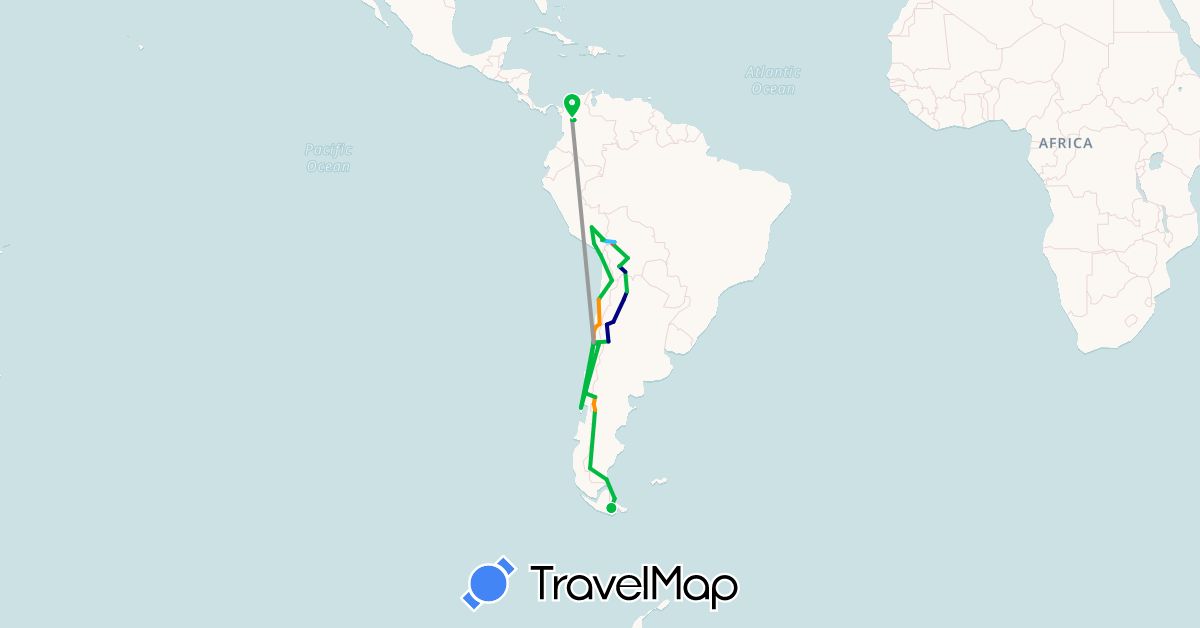 TravelMap itinerary: driving, bus, plane, hiking, boat, hitchhiking in Argentina, Bolivia, Chile, Colombia, Peru (South America)